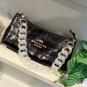 Coach Black Croc-Embossed Shoulder Bag with Gold and White Chain